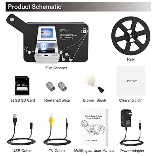Jancane Film to Digital Converter with 2.4" Screen, Converts 8mm & Super 8 Film to MP4 Files, 32GB SD Card Included