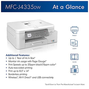 Brother MFC-J4335D INKvestment Tank Wireless Color Inkjet All-in-One Printer - Print Copy Scan Fax- 20 ppm, 4800 x 1200 dpi, 8.5" x 11" Letter, Auto Duplex Printing, 20-sheet ADF, BROAGE Printer Cable