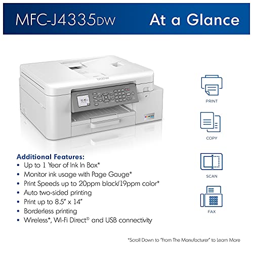 Brother MFC-J4335D INKvestment Tank Wireless Color Inkjet All-in-One Printer - Print Copy Scan Fax- 20 ppm, 4800 x 1200 dpi, 8.5" x 11" Letter, Auto Duplex Printing, 20-sheet ADF, BROAGE Printer Cable