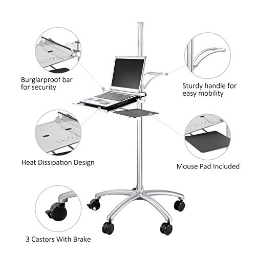 Aluminum Mobile Laptop Cart on Wheels, Height Adjustable Rolling Laptop Stand with Mouse Tray, Mobile Computer Workstation for Home, Office, School and Hospital