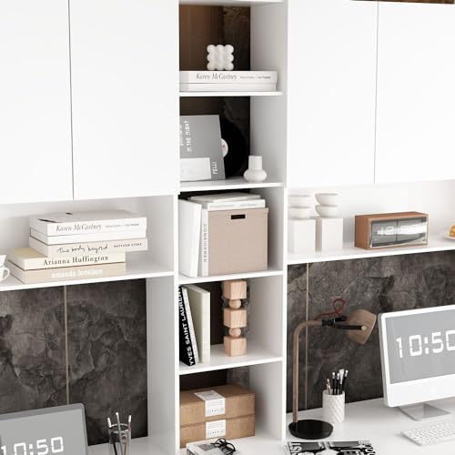 MOUMON Double Office Desk with Drawers and Shelves, White - 94.5”W x 23.6”D x 86.6”H