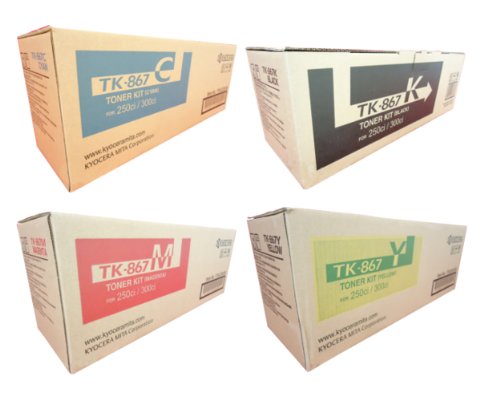 Kyocera TK-867K TK-867C TK-867M TK-867Y TasKalfa 250 300 Toner Cartridge Set (Black Cyan Magenta Yellow, 4-Pack) in Retail Packaging