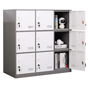 iCHENGGD Metal Locker 9 Door Storage Cabinet with Lock and Ventilation, Grey