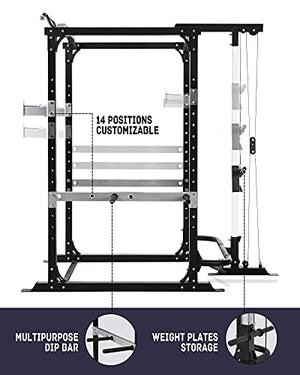 ZEG Power Rack Power Cage with LAT Pulldown 1600-Pound Capacity 14 Height Adjustable Squat Rack Pull-up Bar Dip Bar for Home Gym Barbell Strength Training