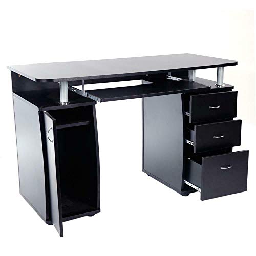 Black Home Office Style Computer Desk Slide-Out Keyboard Tray 3 Storage Drawers 1 Cabinet with 2 Layers Shelf Laptop Notebook PC Workstation Writing Reading Table Ideal for Business Or Personal Use