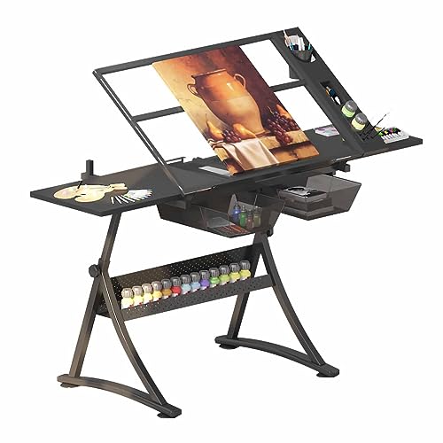 ZERVA Height Adjustable Drafting Table with Stool and Glass Tabletop