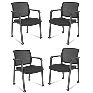 CLATINA Mesh Back Guest Reception Arm Chairs with Wheels - Black (4 Pack)