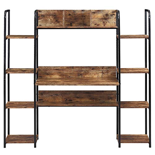 Merax. Home Office Hutch and Double Bookcase, Computer Workstation with Storage Bookshelf Desk, Brown