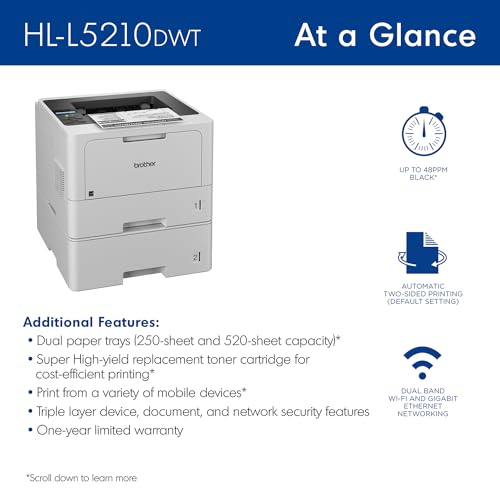 Brother HL-L5210DWT Monochrome Laser Printer with Dual Trays, Wireless Networking, Duplex Printing
