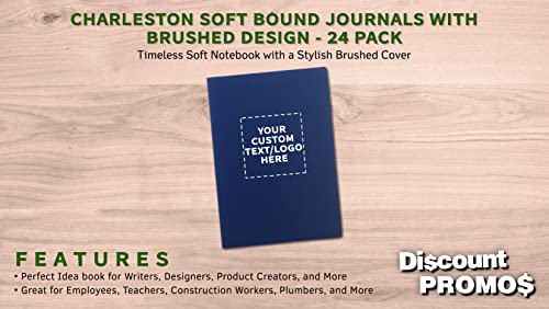 24 Charleston Soft Bound Journals Pack - Customizable Text, Logo - Ivory Paper, Dotted, Lines, With Bookmark - Blue