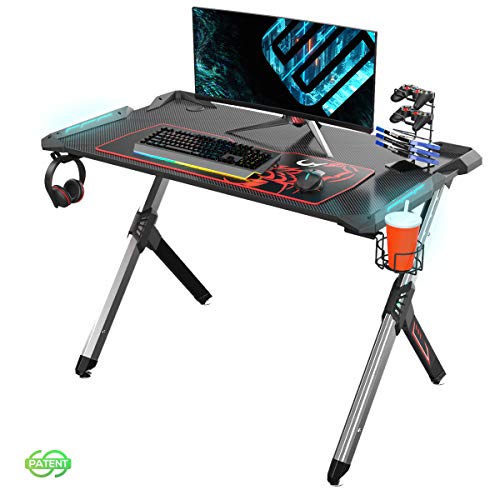 EUREKA ERGONOMIC Gaming Desk with RGB Lighting Gaming Table 44.5'' PC Desk Easy to Assemble Computer Desk with Free Mouse pad, Cup Holder& Headphone Hook for Men Boy/Girlfriend Son/Daughter Black
