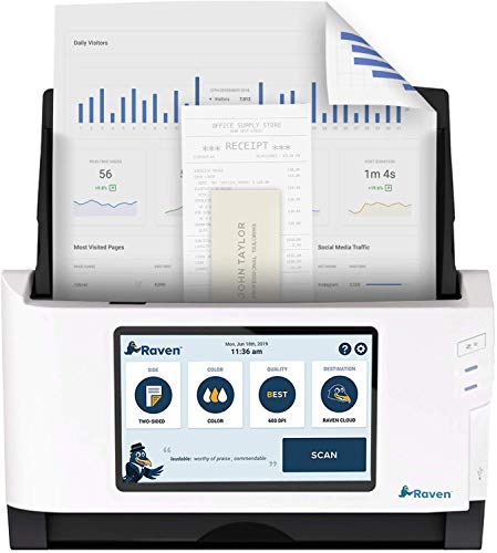 Raven Original Document Scanner - Huge LCD Touchscreen, Color Duplex Feeder (ADF), Wireless Scanning to Cloud, WiFi, Ethernet, USB, Home or Office