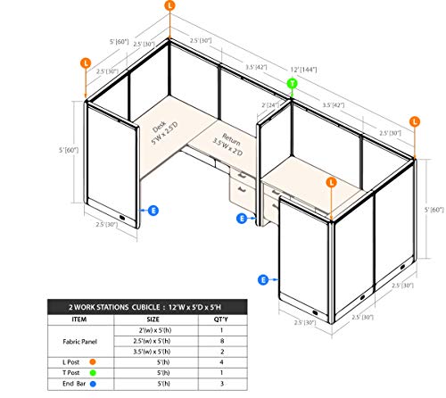 G GOF 2 Person Separate Workstation Cubicle (5'D x 12'W x 4'H) - Mahogany Office Partition