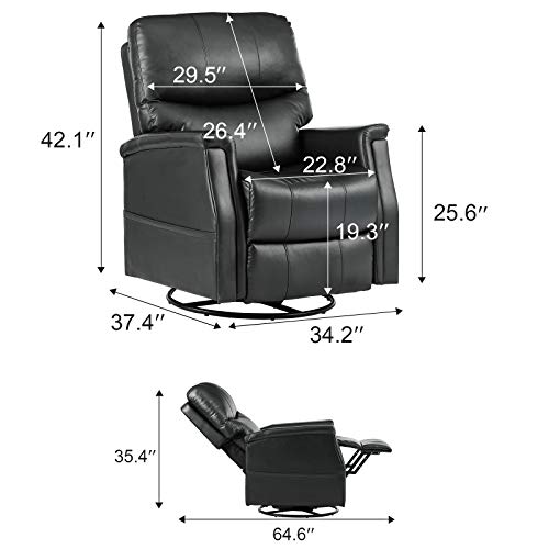 eclife Massage Recliner Chair with Lumbar Heating, 360 Degree Swivel& Rocking, Ergonomic Lounge Chair, Reclining Sofa for Living Room, Side Pocket， Remote Control (Black + PU, Swivel+Rocking)