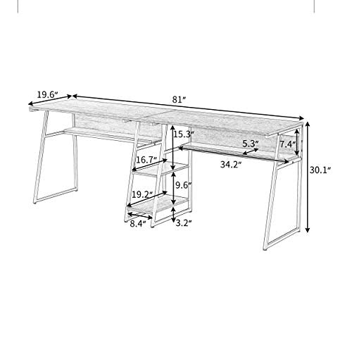 4-Tier Two Persons PC Laptop Desk Study Table with Open Storage Bookshelves for Home Office Dorm Students, Industrial Rustic Wooden Writing Table Workstation Double Desk with Steel Frame for 2 (Gray)