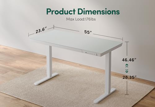 FEZIBO Electric Standing Desk 55 × 24 with Drawers, Glass Adjustable Height, Quick Install Sit Stand Desk - White
