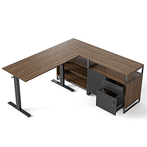 FEZIBO L Shaped Standing Desk with File Cabinet, Electric Height Adjustable, Modern Wood Computer Desk - Black Frame/Dark Walnut Top