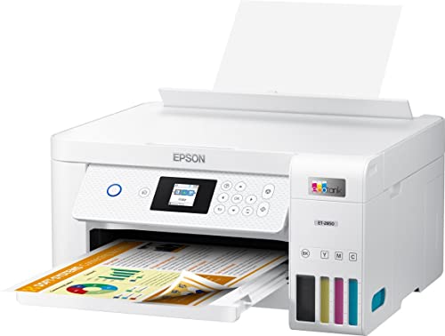 Epson EcoTank ET-2850 Wireless Color All-in-One Inkjet Printer, White - Print Scan Copy - 1.44" LCD Display, 10 ppm
