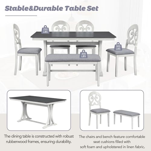 Bxhlxzz 6 Piece Retro Wood Dining Table Set with Chairs and Bench, Gray+Antique White