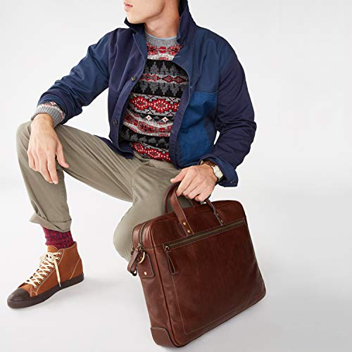 Fossil Men's Haskell Leather Double Zip Briefcase Messenger Laptop Bag, Cognac