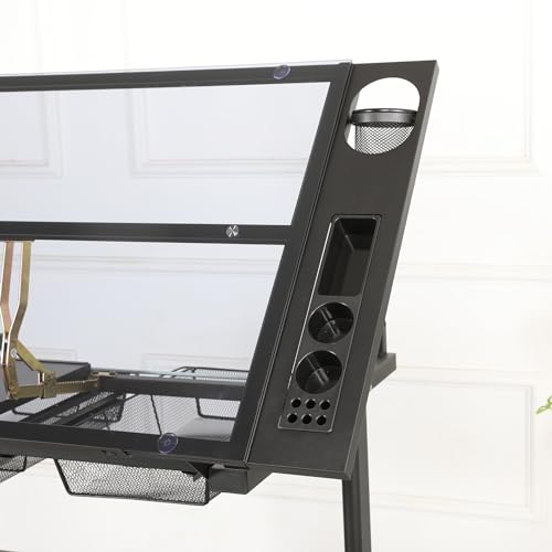 Royard Oaktree Drafting Table with Tilting Glass Tabletop, Height and Angle Adjustable - Black
