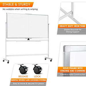 72 x 40 Double Sided Rolling Whiteboard, Mobile Whiteboard Magnetic White Board - Large Reversible Dry Erase Board Easel Standing Board on Wheels with Silver Aluminum Frame and Stand