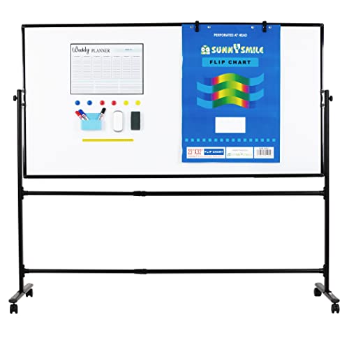 CORAV Mobile Whiteboard 70x36" - Rolling Dry Erase Board with White 360° Flippable, Double Sided Surface - Magnetic Whiteboard with Lockable Wheels - Height-Adjustable Classroom & Office Supplies