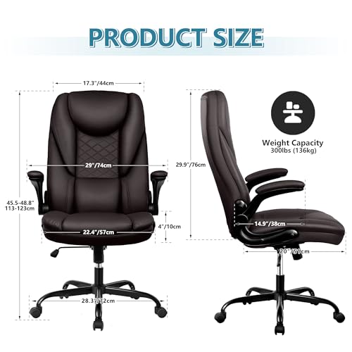 Guessky Executive Office Chair, Big and Tall Ergonomic Leather Chair with Adjustable Arms, High Back, Lumbar Support - Coffee