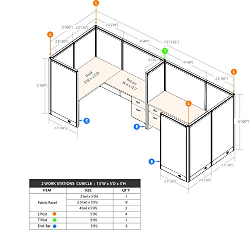 G GOF 2 Person Separate Workstation Cubicle (5'D x 13'W x 4'H) - Office Partition, Room Divider