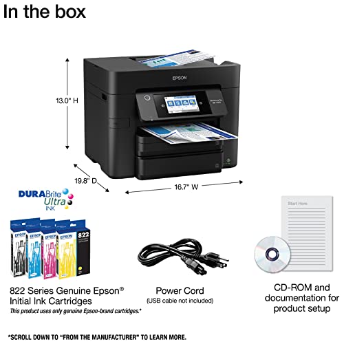 Epson Workforce Pro WF 4833 Wireless All-in-One Color Inkjet Printer - Print Scan Copy Fax - 25 ppm, 4800x2400 dpi, 4.3" Touchscreen, Auto 2-Sided Printing, 50-Sheet ADF, 500-Sheet Capacity, Ethernet