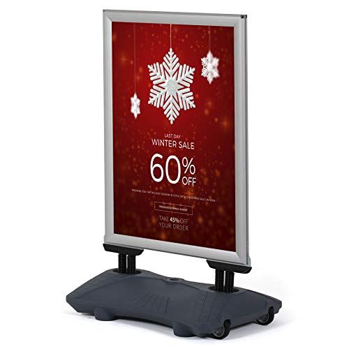 M&T Displays WindPro Weather and Wind Resistant Outdoor Pavement Curb Sidewalk Sign Holder for 24x36 Inch Posters Silver Aluminum Easy Front Loading Snap Frame Durable HDPE Gray NewTech Water Base