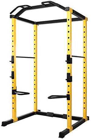 HulkFit 1000-Pound Capacity Multi-Function Adjustable Power Cage with J-Hooks and Dip Bars, Power Cage Only, Yellow