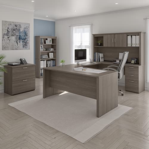 Bestar Logan U-Shaped Desk with Hutch, Lateral File Cabinet, and Bookcase in Bark Grey, 66W
