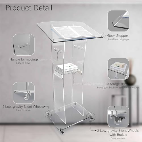 Acrtmatic Clear Acrylic Rolling Podium Stand, 47-inch with Storage Shelf