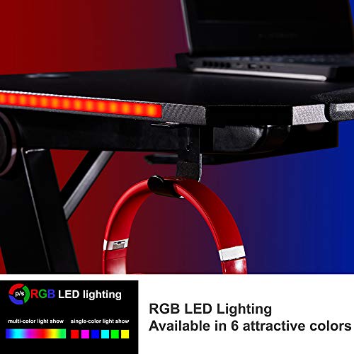 GLCHQ Gaming Desk RGB Led Light PC Computer Gamer Desks Stand Ergonomic Durable Z-Shaped Leg Frame Steel Home Office Workstation Headphone Hook Black