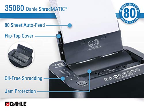 Dahle ShredMATIC 35080 Auto-Feed Paper Shredder, 80 Sheet Tray, Oil-Free, Jam Protection, Security Level P-4, 1-3 Users