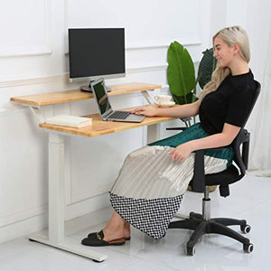 SDADI Electric Height Adjustable Standing Desk- 2 Tier Sit to Stand Office Desk Workstation with Rubber Wood Desk Top and Heavy Duty Steel Frame, White Frame/Light Grain Top