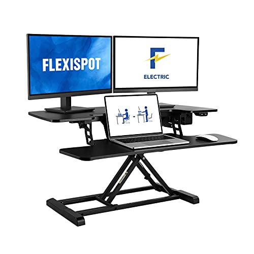 FlexiSpot Motorized Standing Desk Converter 36" Wide Electric Stand up Desk Riser for Monitor and Laptop,Black Height Adjustable Desk for Home Office EM7MB