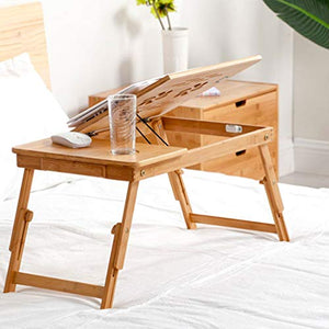 WPHPS Laptop Stand Lap Desk Table with Adjustable Leg Bamboo Flower Pattern Foldable Breakfast Serving Bed Tray Natural