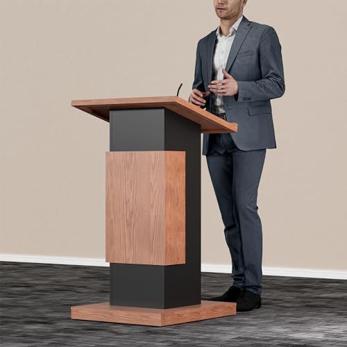 Deenkk Mobile Wooden Podium Stand with Inclined Tabletop and Wire Hole
