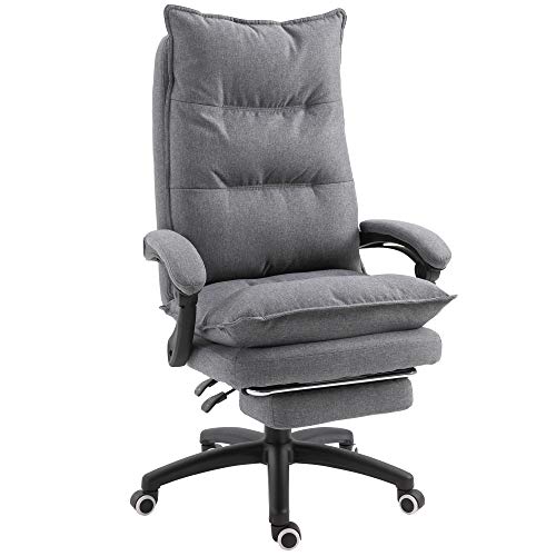 Vinsetto 360° Swivel Home Office Chair Adjustable Height Linen Style Fabric Recliner with Retractable Footrest and Double Padding, Grey