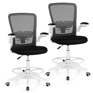 JIMUOO Drafting Chair with Flip Up Armrests, Mesh High Task Chair, Adjustable Foot Ring & Lumbar Support - White