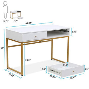 Tribesigns Computer Desk, Modern Simple 47 inch Home Office Desk Study Table Writing Desk with 2 Storage Drawers, Makeup Vanity Console Table, White and Gold
