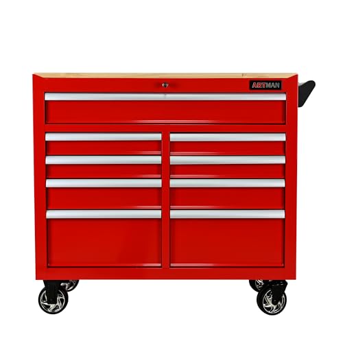 Sunhilda 9 Drawers Multifunctional Tool Cart with Wheels and Wooden Top (Red)