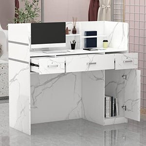 AGOTENI Reception Desk with Open Shelf & Drawers, Lockable Drawer, Marble White