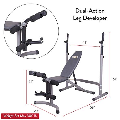 Body Champ Olympic Weight Bench with Leg Extension Curl Lift Developer Attachment, 2-Piece Combo Bench and Squat Rack Stand BCB3780, Gray/Silver
