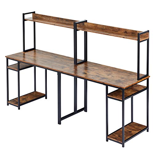 Extra Long Double Computer Desk Home Office Desk Workstation with 4-tier Storage Shelf for 2 Persons, Retro Wood Study Desk Writing Table with Spacious Tabletop & Adjustable Feet for Small Space Brown