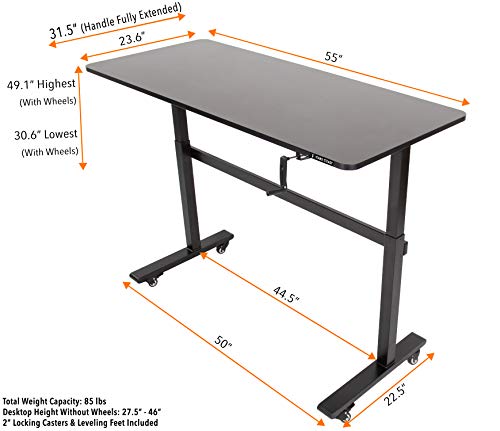 Stand Steady Tranzendesk | 55 Inch Standing Desk with Detachable Wheels | Front Crank Easy Manual Height Adjustable Sit to Stand Desk | Modern Ergonomic Desk Supports 3 Monitors (55 / Black)