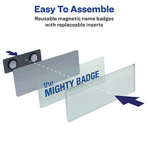 The Mighty Badge by Avery, 1" x 3" Silver Name Tags, 50 ID Badges, 120 Inserts for Laser Printers (71208)