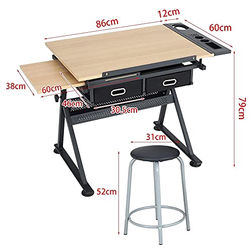 Adjustable Drawing Table with Tiltable Tabletop and 2 Drawers/Stool
